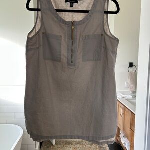 Ellen Tracy Tan Sleeveless Linen-Blend Tank with Front Zip